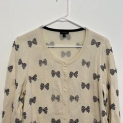 TALBOTS Beaded Bow 3/4 Sleeve Charming Cardigan Cream Beige Black Cotton Sweater