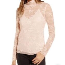 CHELSEA 28 Sheer Stretch Lace Mock Neck Top Size L Lightest Pink Stretch Nylon