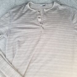JOHN VARVATOS Striped Long Sleeve Henley, Brown, Medium, Viscose, Pima Cotton