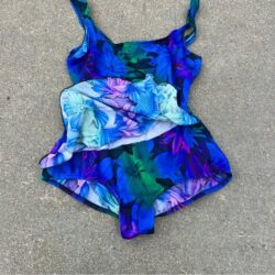 Vintage Jantzen blue tropical floral faux wrap skirt one piece swimsuit
