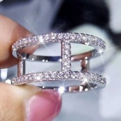 Trendy CZ Glitter Micro Pave Silver Double Layer Hollow Fashion Ring, UNVN12223