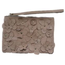 Martina Mori Tan Genuine Leather Floral Embellishment Wristlet Girly Feminine