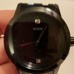 Guess Mens black watch Rhinestones logo needs battery TESTED see details