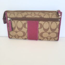 COACH Strap Zippy Wallet Wristlet Purple Canvas Khaki Leather Large Damaged