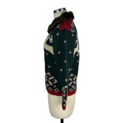 RALPH LAUREN RL Green Red Hand Knit Lux Wool Vintage Reindeer Full Zip Sweater