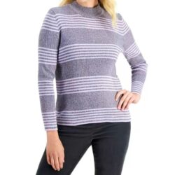 Karen Scott Petite Claire Cotton Striped Ribbed Mock-Neck Sweater. Size: Pet Sm