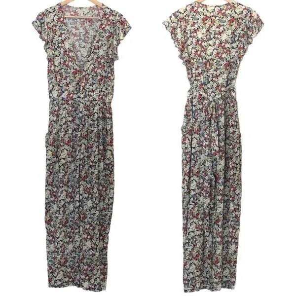 Free People Floral Jumpsuit w/ Pockets Ruffle Your Feathers V Neck Tie Waist XS