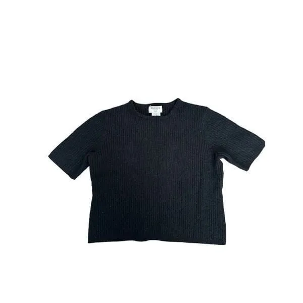 brooks brothers 365 womens L 100% merino wool black knit sweater crop top ribbed