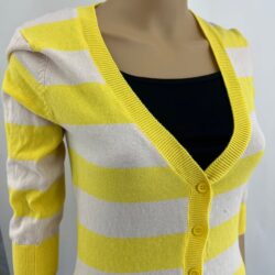 Derek Heart (L) Y2K Yellow Striped 3/4 Sleeve Button Up Cardigan Sweater Fitted