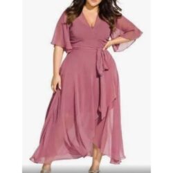 City Chic XL Plus Size 22 Flutter Wrap Chiffon Enthral Me Maxi Dress Dusty Rose