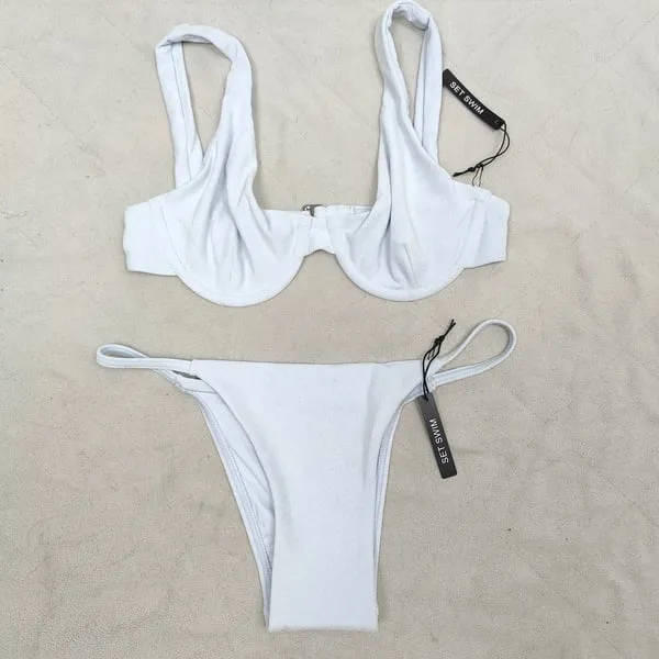 Set Active Swim Bikini Womens Small NWT Underwire Ice Blue Terry String Beach