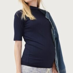 Hatch Rowan Mock Neck Ribbed Knit Maternity Top Navy Small