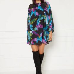 Eva Mendes Sabrina Parrot Print Mini Dress Size S Black Purple Long Sleeve