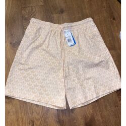 NEW Mens L Adidas Logo Graphics Monogram Allover Print Shorts Tan Beige Sand