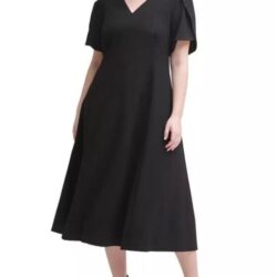 Calvin Klein Black Crepe V-Neck Work Funeral Formal Midi Dress Plus 16W NWT $100