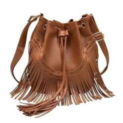 Urban Lux by TruCulture-Kate Tan Vegan Leather Bucket Bag with Fringe