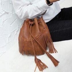 Urban Lux by TruCulture-Kate Tan Vegan Leather Bucket Bag with Fringe