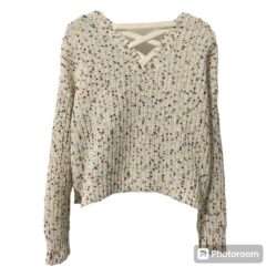 By & By Sweater Womens Med Oversized Pullover Cropped V-Neck Knit Cream Confetti