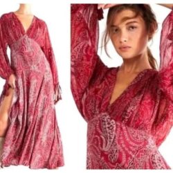 Free People Mirage Paisley Maxi Dress Red Print Empire Waist back tie size 0