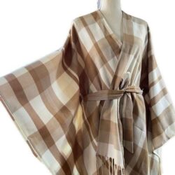 Belted Shawl Wrap Plaid Cream Tan Lands End One Size NWT