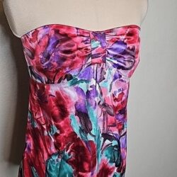 LOFT 6 Bustier Strapless Bandeau top Satin Watercolor floral red purple print