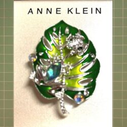 Anne Klein Green Leaf Abalone Detail Silver Frog Pave Accent Lapel Brooch Pin