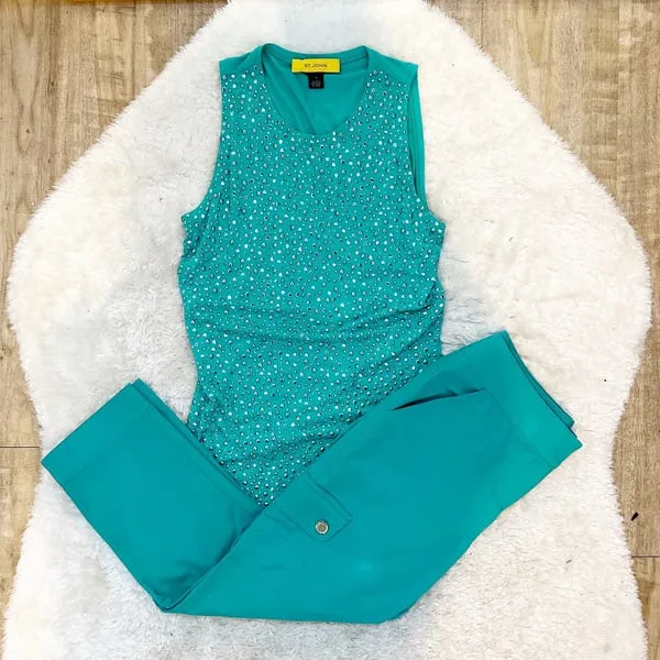 St. John Beaded Tank Top and Cargo Style Ankle Length Pants Teal Green Small / 4