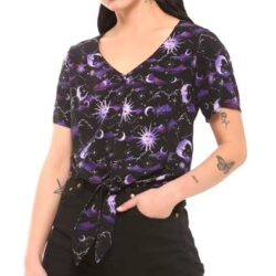Hot Topic Purple Celestial Tie Front Button Up Top Womens Plus 1 Black Goth 90s
