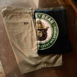 Mens casual out RSQ shorts and Smokey the Bear tshirt
