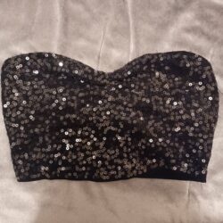 Small Black Sequin Tube Crop Top Sweetheart Shape Scrunch