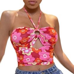 Floral Print Cut Out Tie Back Crop Halter Top