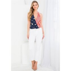 Patriotic Stars and Stripes Red White & Blue Crossover Halter Bodysuit