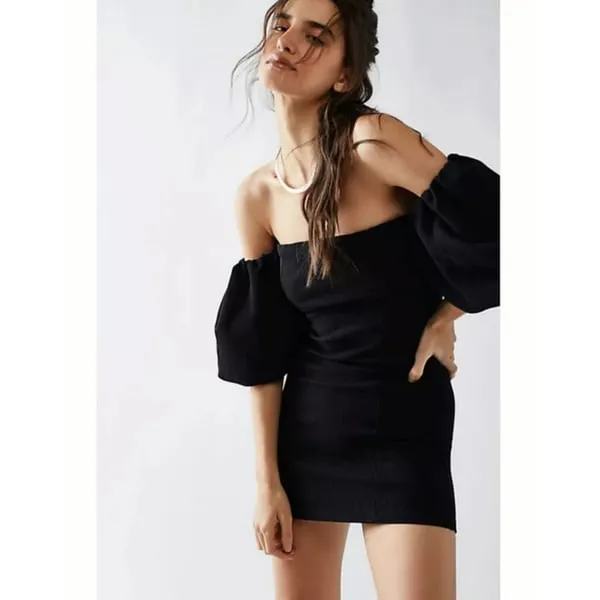 FREE PEOPLE Beach Mini Dress Off Shoulder Puff Sleeve SZ M Black Body Con