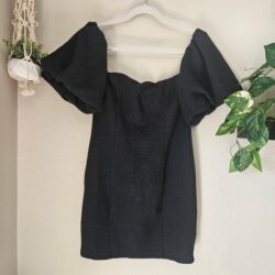 FREE PEOPLE Beach Mini Dress Off Shoulder Puff Sleeve SZ M Black Body Con