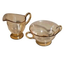 VTG Depression Glass Footed Amber Peach Color Handled Sugar Bowl & Creamer