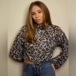 Le Lis Leopard Print Long Balloon Sleeve Turtleneck Crop Top in Gray/Black NWT