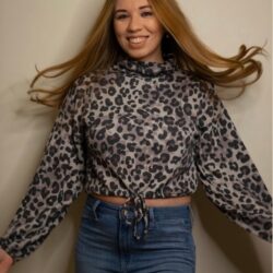 Le Lis Leopard Print Long Balloon Sleeve Turtleneck Crop Top in Gray/Black NWT