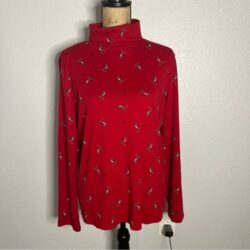 Karen Scott Size L Red Ski Penguin Winter Mock Neck Cotton Blend Shirt Grandma