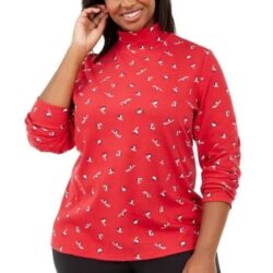 Karen Scott Size L Red Ski Penguin Winter Mock Neck Cotton Blend Shirt Grandma