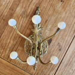 Rococo Hat & Coat Rack Decorative Brass W/ 6 Knob Double Hooks Central Mount Vtg