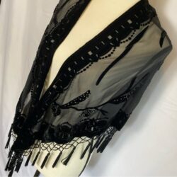 Vintage Rose Black Silk Sheer Beaded Velvet Tassel Triangle Scarf Shawl Wrap