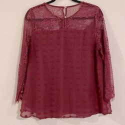 Entro Red Crochet Lace Shoulder Detail Button Back Long Sleeve Monochrome Top