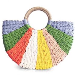 NWT QTKJ  Yellow Blue Orange Stripe Retro Rattan Straw Hand bag Colorful Purse