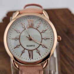 Accutime Women’s Rose Gold Round Face Watch Faux Leather Strap Roman Numeral
