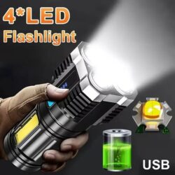 Bright 4-LED Flashlight with Wide-Angle COB Side Light -4 Modes, USB Rechargable