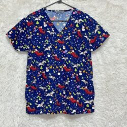 Serene Uniform Scrub Top Women Large Blue Short Sleeve V-Neck Christmas Pockets