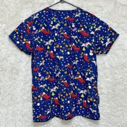 Serene Uniform Scrub Top Women Large Blue Short Sleeve V-Neck Christmas Pockets