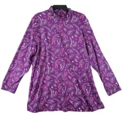 Woman Within Top Womens 2X Purple Paisley Long Sleeve Cotton Turtle Neck Boho