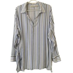 Sejour 2X Long Sleeve Navy Blue, Blue & White Striped V-neck Collared Blouse