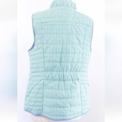 Talbots Green White Gingham Plaid Blue Trimmed Quilted Vest Zip Front Size Small